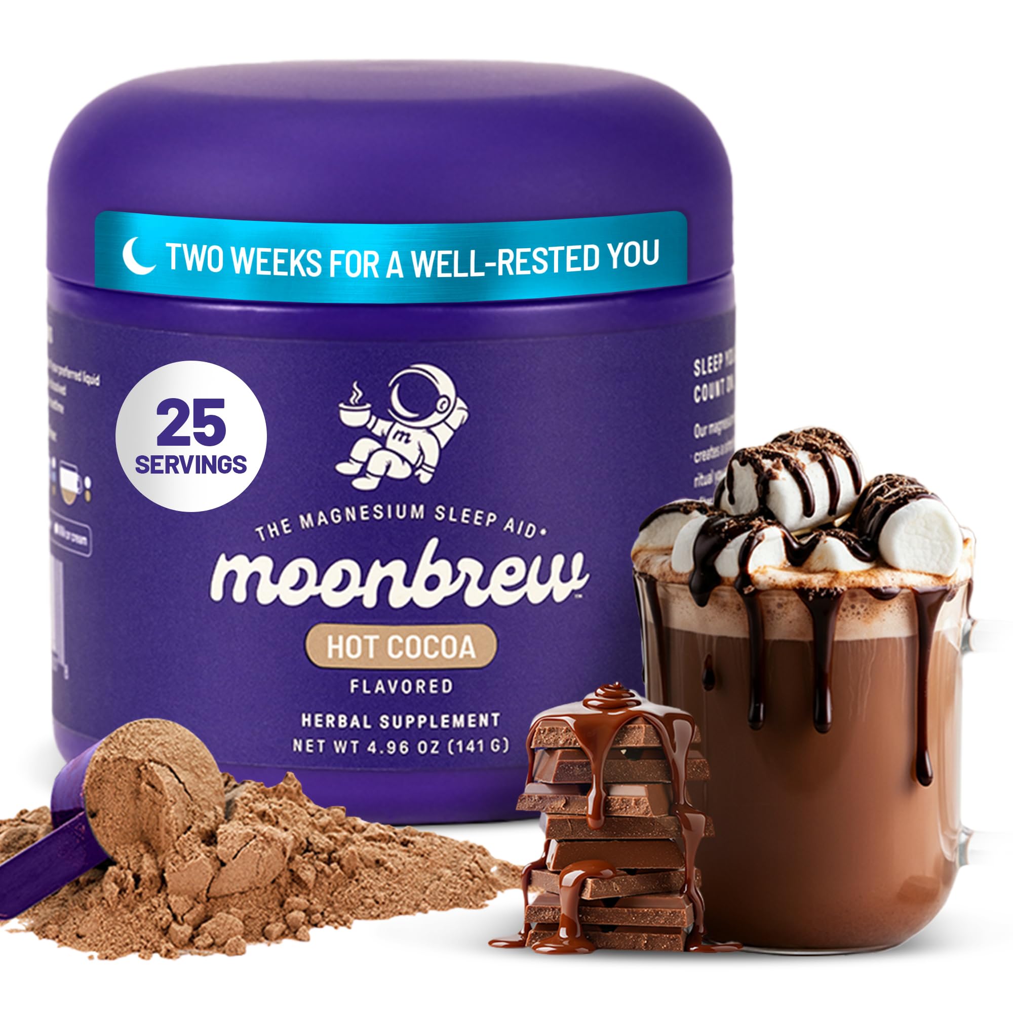 MoonBrew Nighttime Magnesium Hot Cocoa jar with a rich, calming texture.