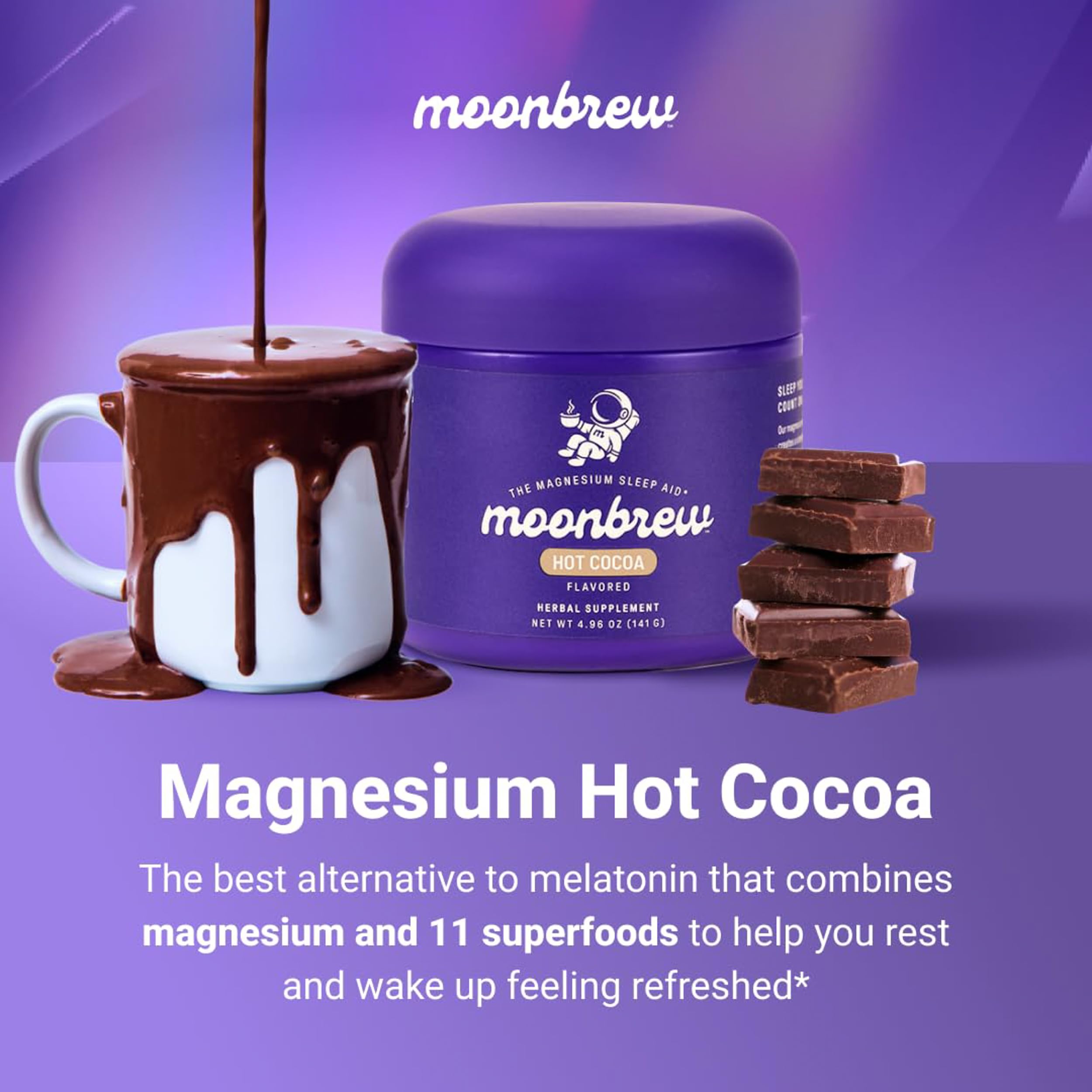 MoonBrew Magnesium Hot Cocoa scoop beside a mug for a simple nightly routine.
