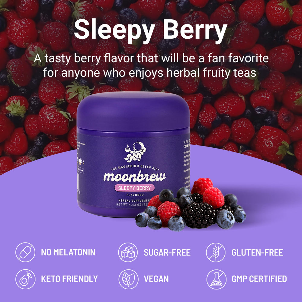 MoonBrew Sleepy Berry jar label showcasing sugar-free, vegan-friendly formulation.