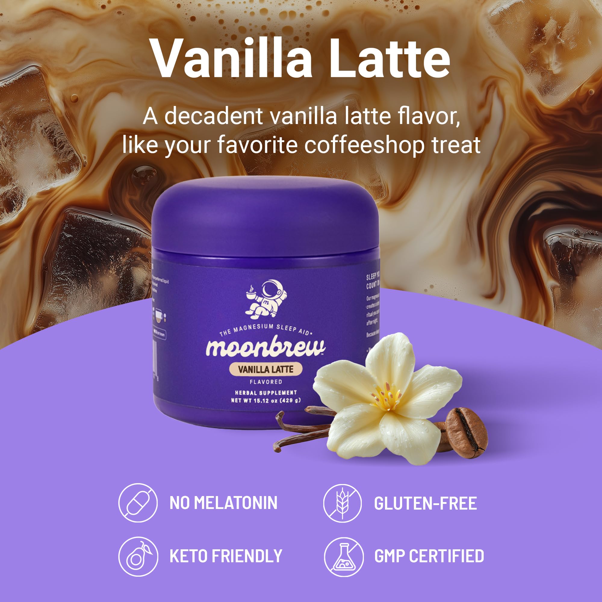 MoonBrew Nighttime Vanilla Latte served iced in a glass for a refreshing wind-down.