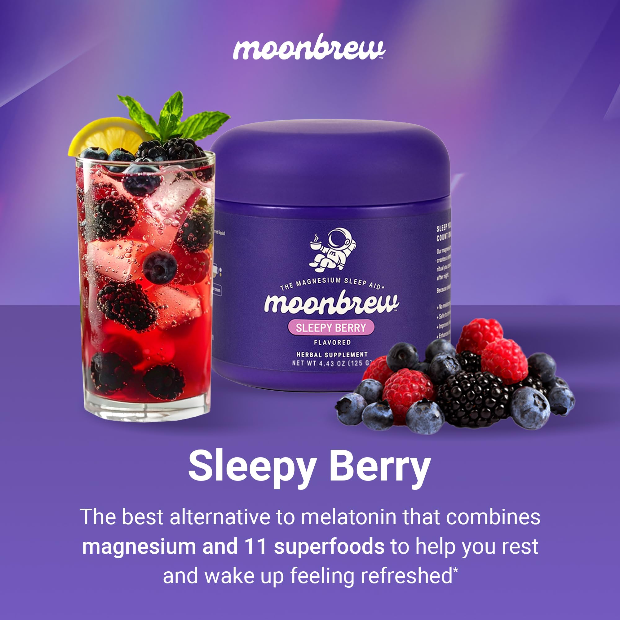 MoonBrew Sleepy Berry ingredients bottle showing vegan and gluten-free options