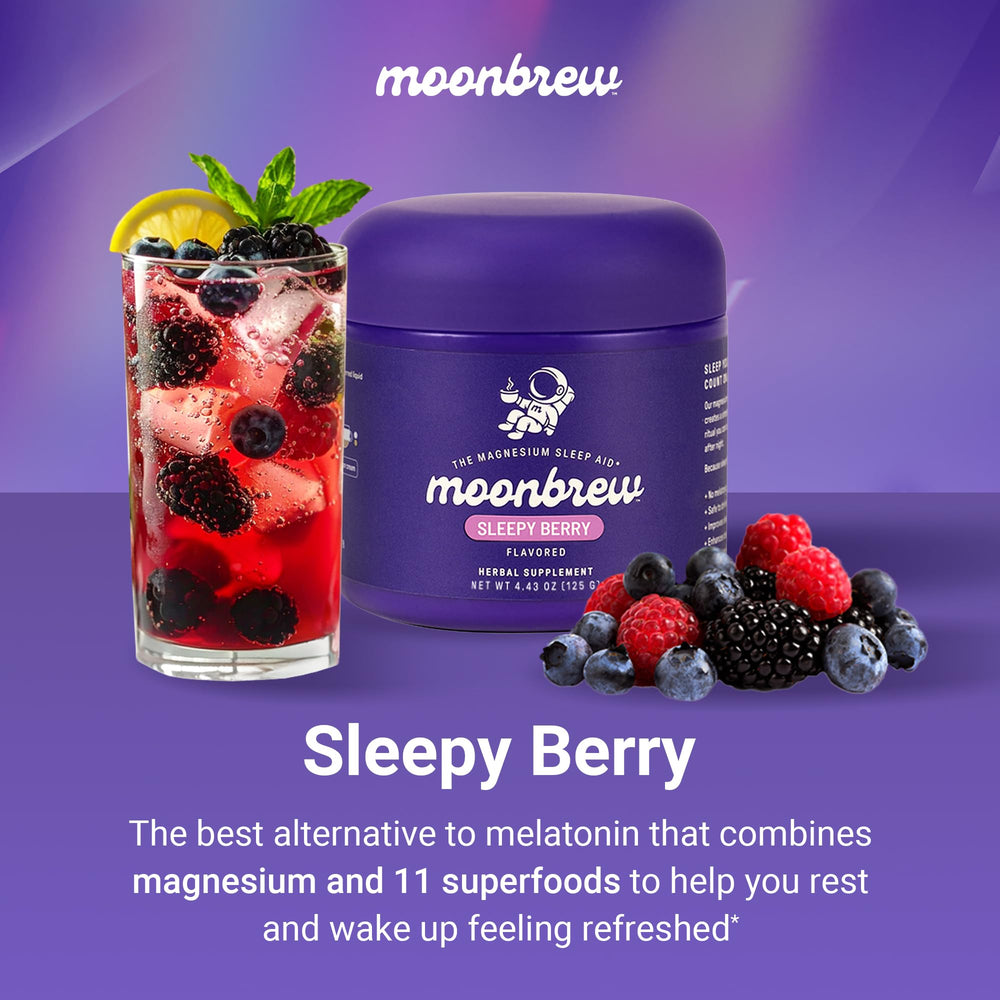 MoonBrew Sleepy Berry ingredients bottle showing vegan and gluten-free options