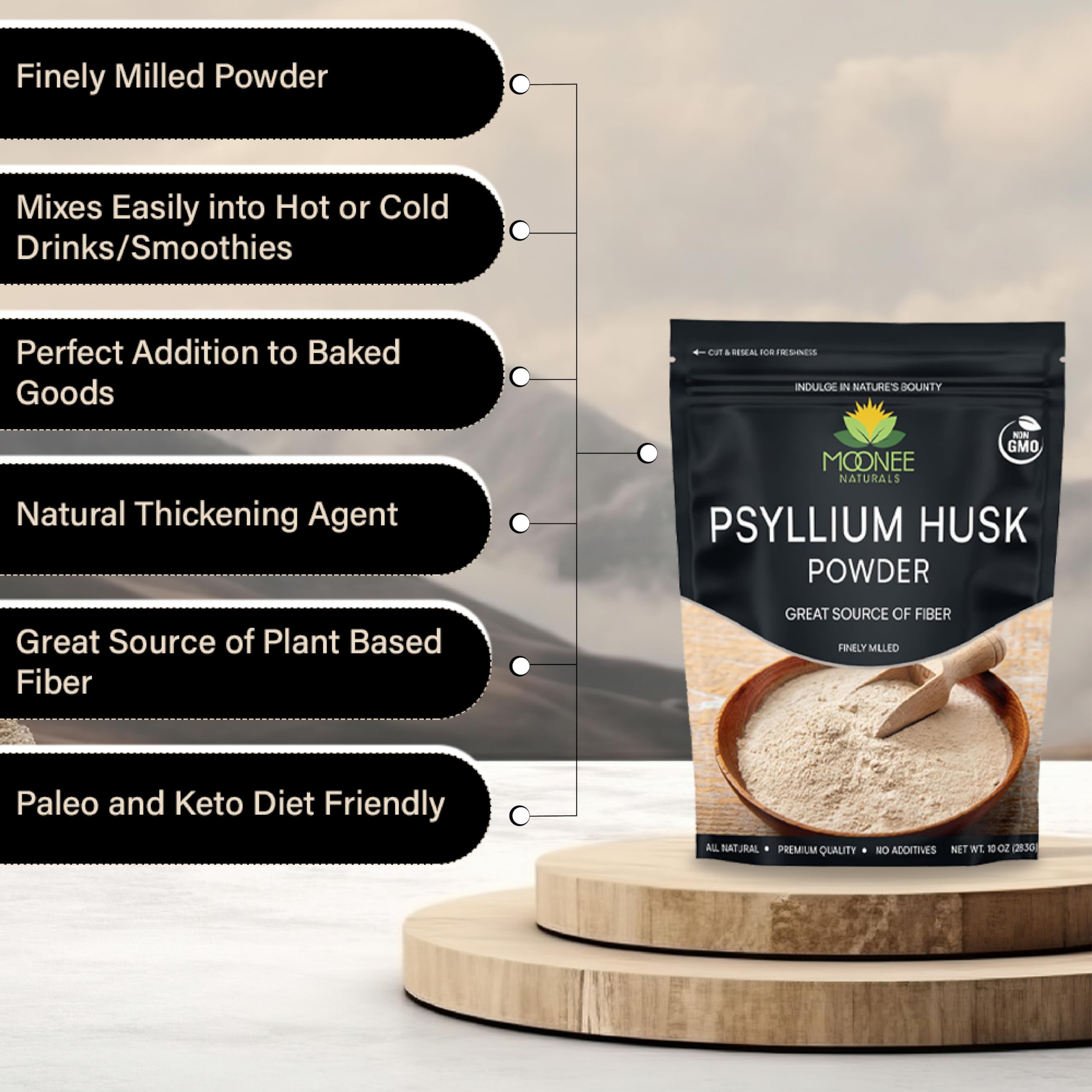 Finely ground psyllium husk powder texture close-up