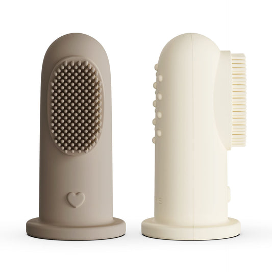 Moonkie Baby Finger Toothbrush Kit packaging in warm taupe and ivory