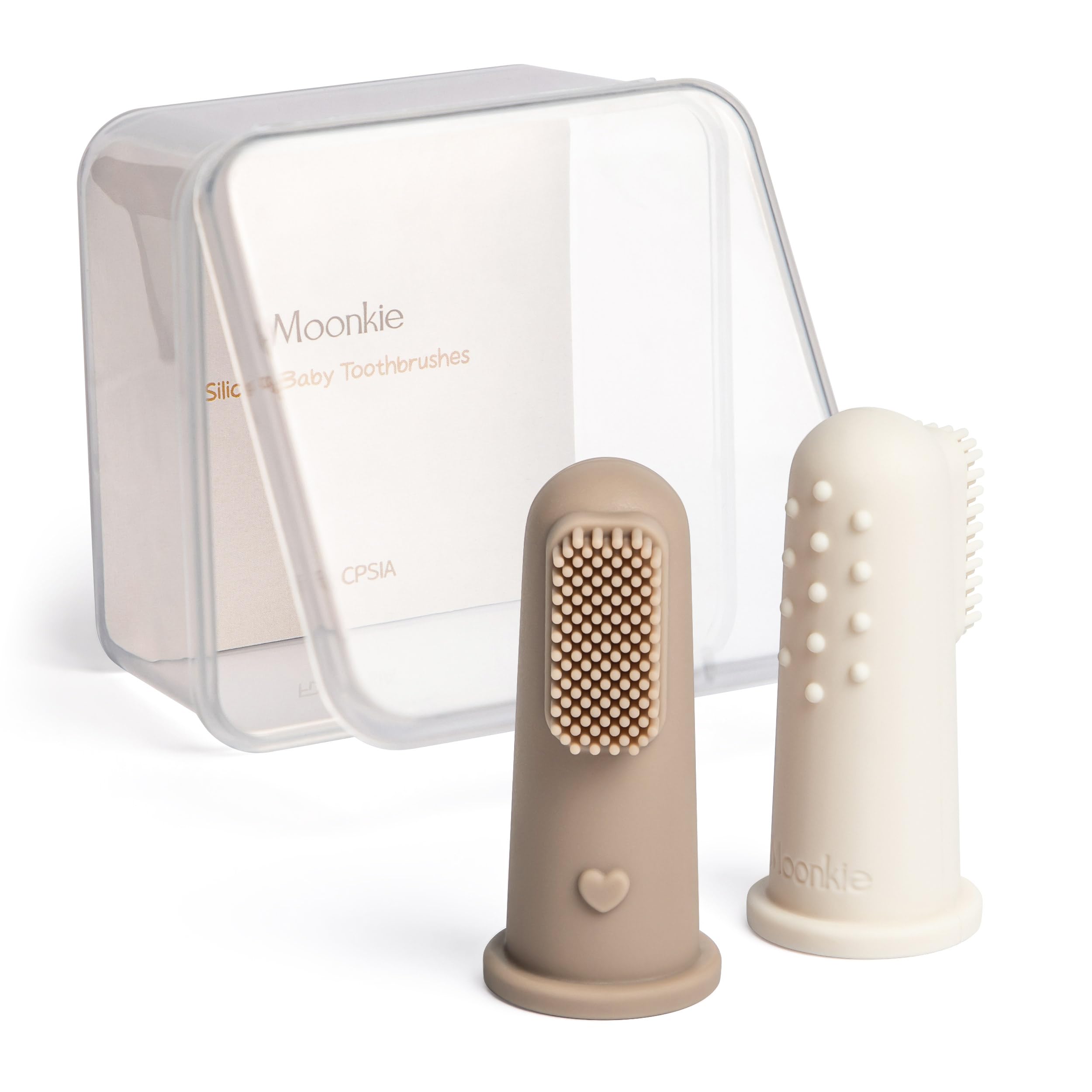 Moonkie baby finger toothbrush kit in warm taupe and ivory