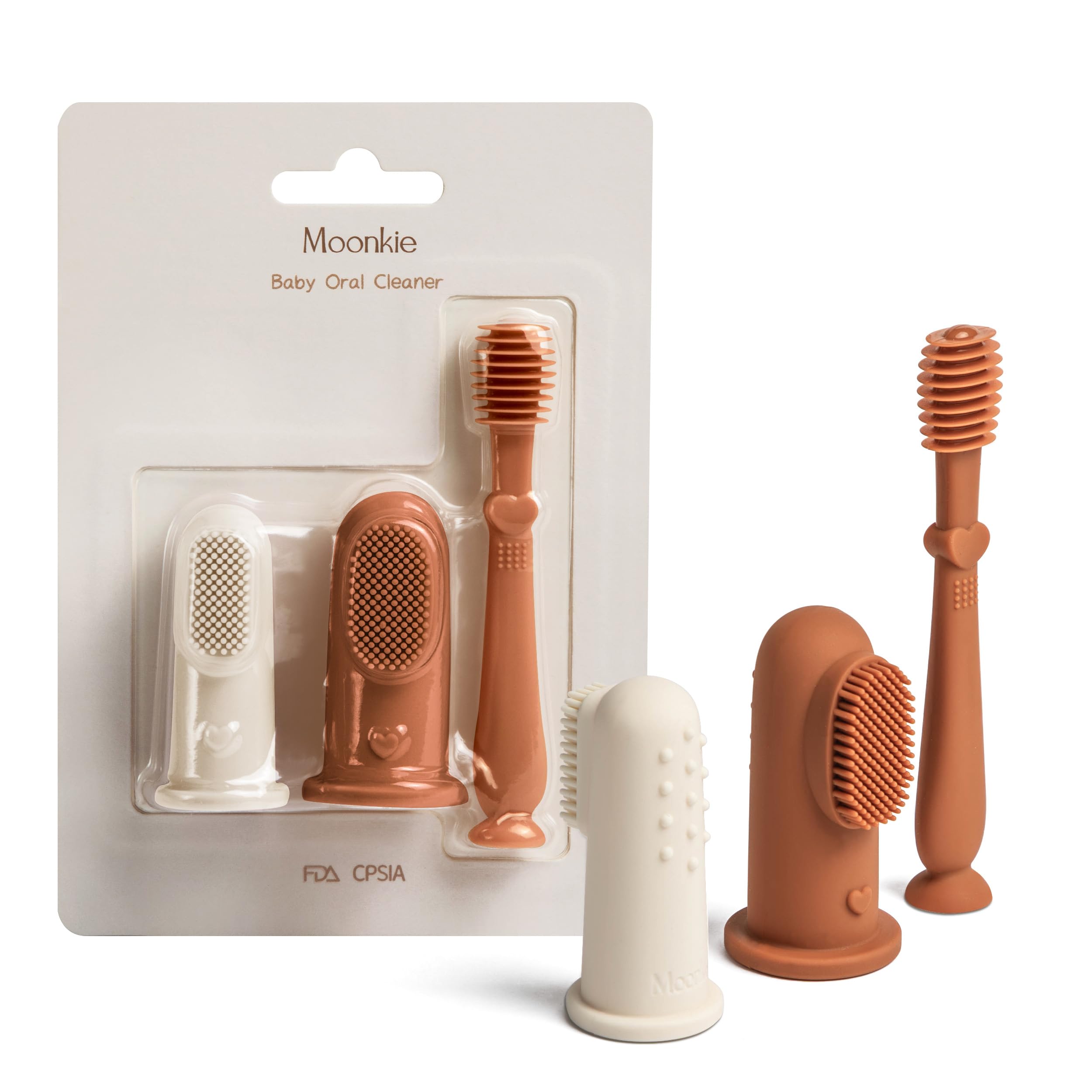Moonkie baby finger toothbrush and tongue cleaner kit close-up in clay color