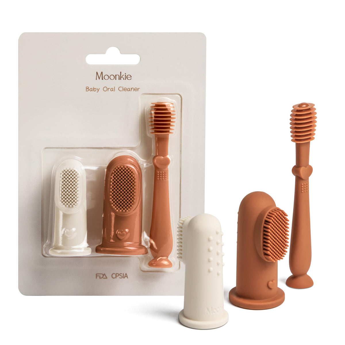 Moonkie baby finger toothbrush and tongue cleaner kit close-up in clay color