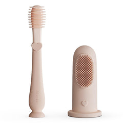 Moonkie baby finger toothbrush and tongue cleaner kit in blush color, two-piece set