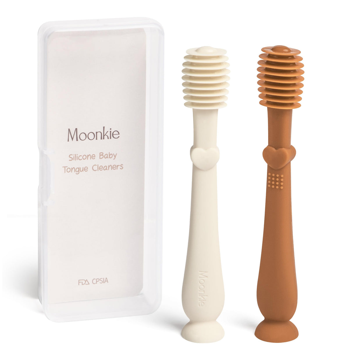 Moonkie Baby Tongue Cleaner in Clay and Ivory colors - front view