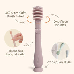 Baby tongue cleaner being used safely on infant mouth - silicone design