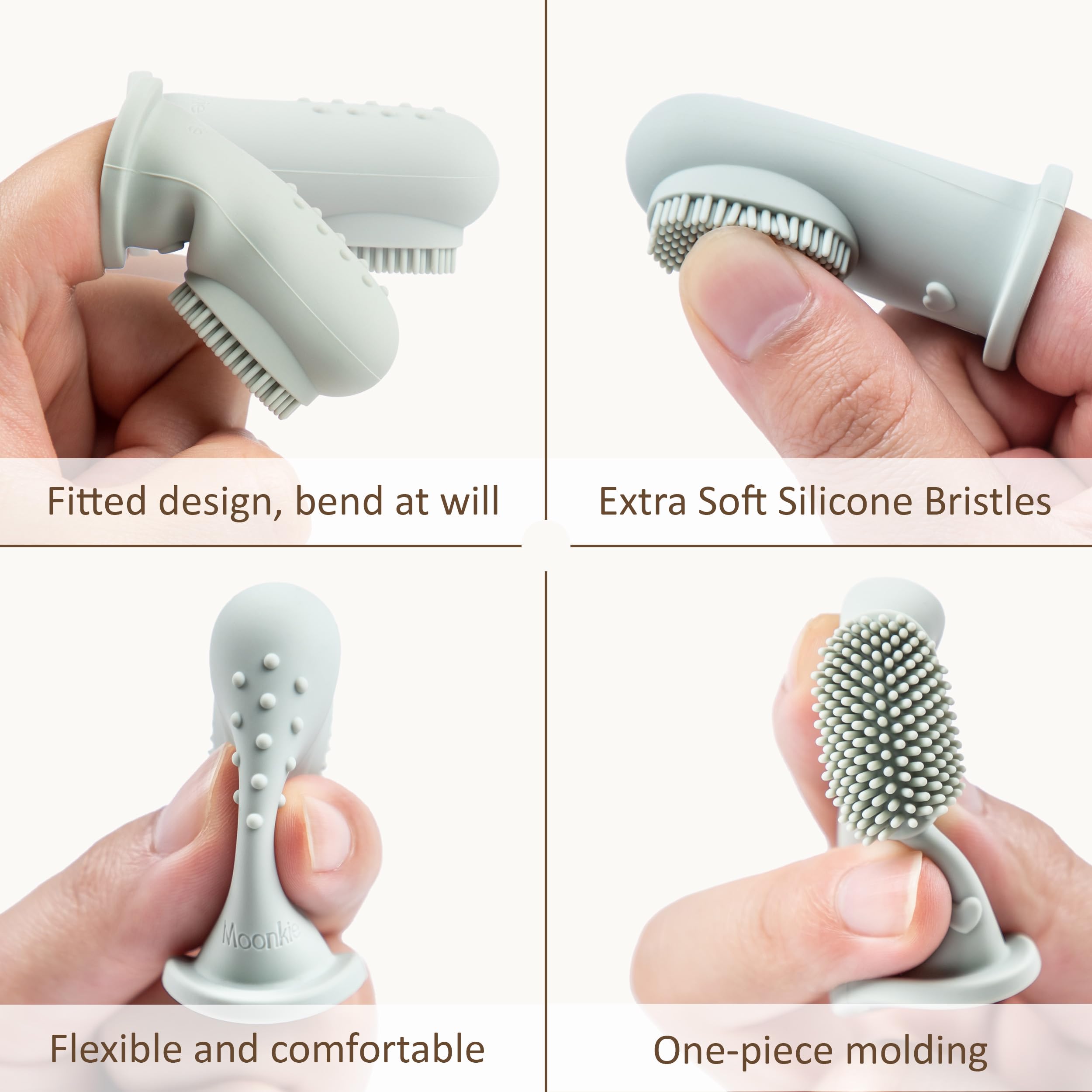 Soft silicone bristles on Moonkie finger toothbrush