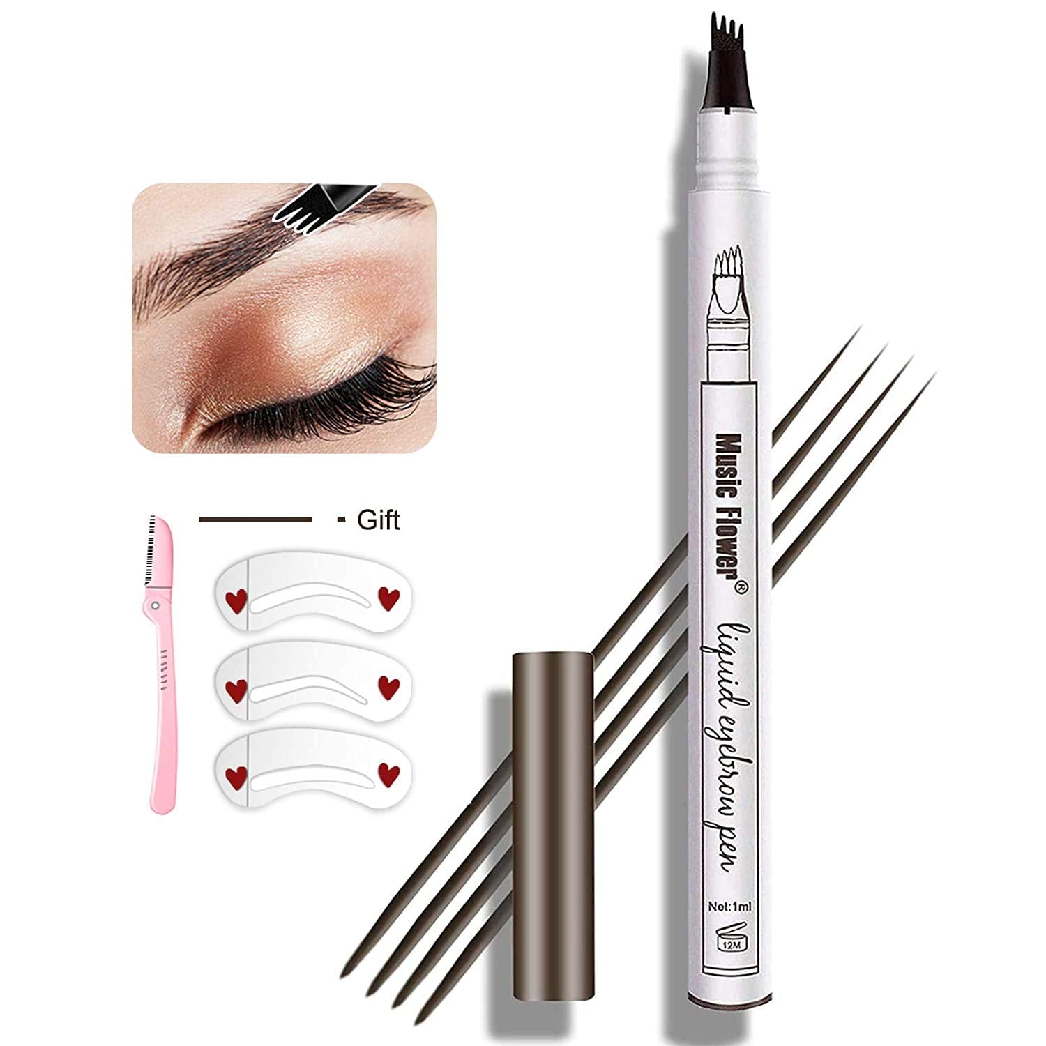 MoonKong microblading pen four-tip closeup shows natural hair-like strokes for defined brows.
