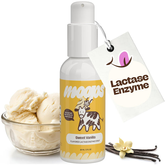Moops lactase enzyme syrup 2oz Vanilla flavor with twist to lock pump