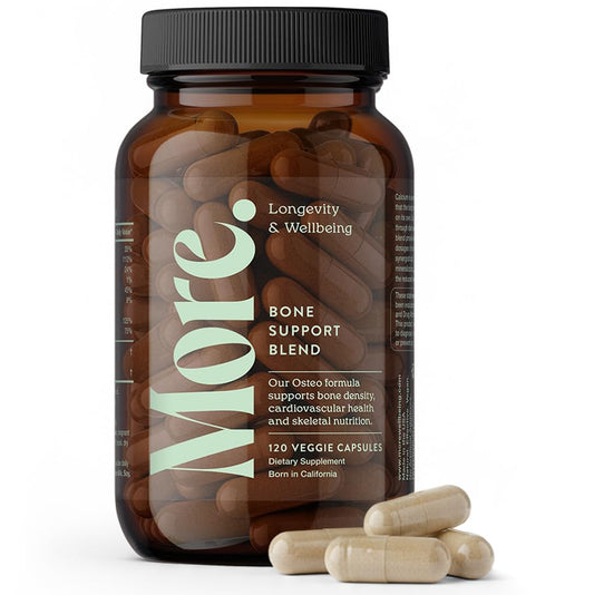 Bottle label for More. Longevity bone health calcium supplement