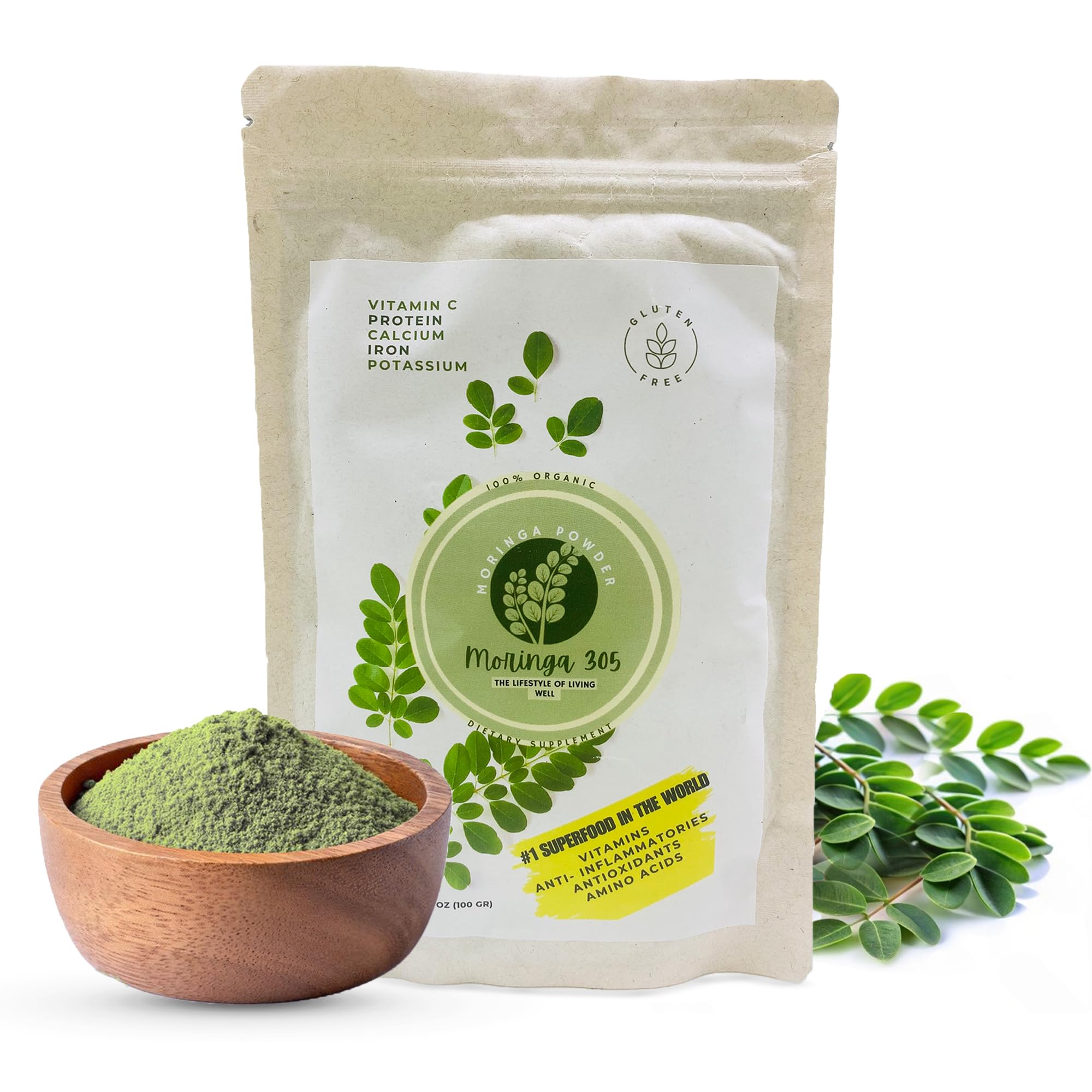 Front view of Moringa 305 Organic Moringa Leaf Powder 100g package