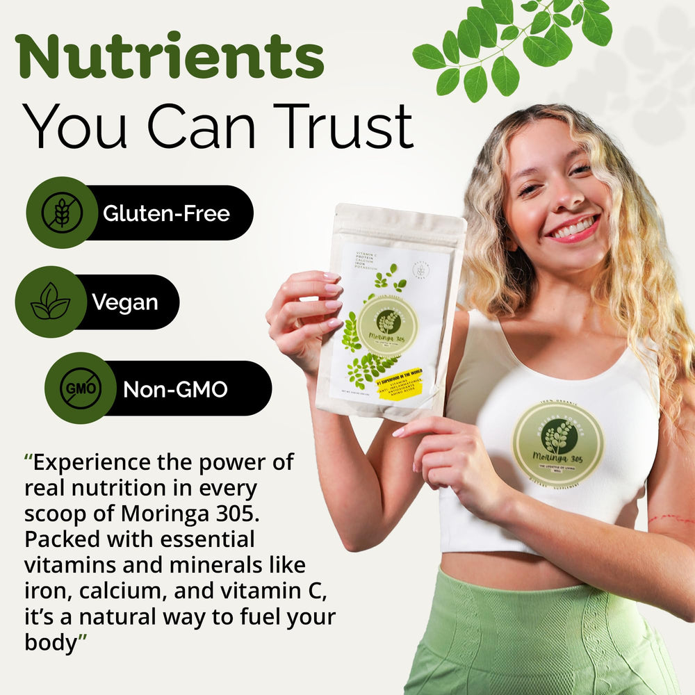 Moringa 305 label highlighting vegan, non-GMO, gluten-free