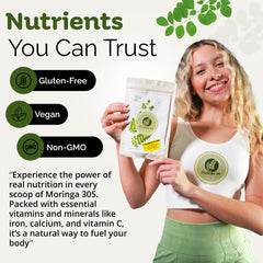 Moringa 305 label highlighting vegan, non-GMO, gluten-free