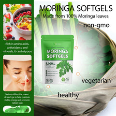 Moringa capsules bottle highlighting health benefits