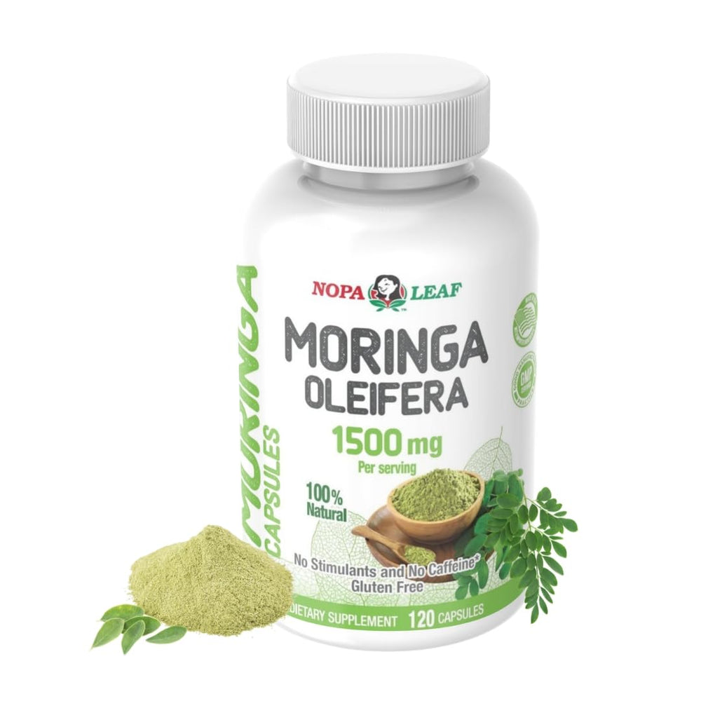 Moringa Capsules bottle on white background