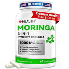 Moringa Capsules 1000mg bottle with 10:1 leaf extract label