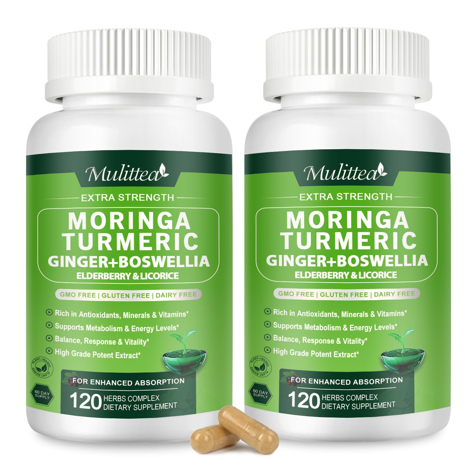 Bottle of Moringa capsules with turmeric, ginger and elderberry blend