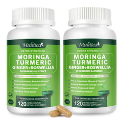 Bottle of Moringa capsules with turmeric, ginger and elderberry blend