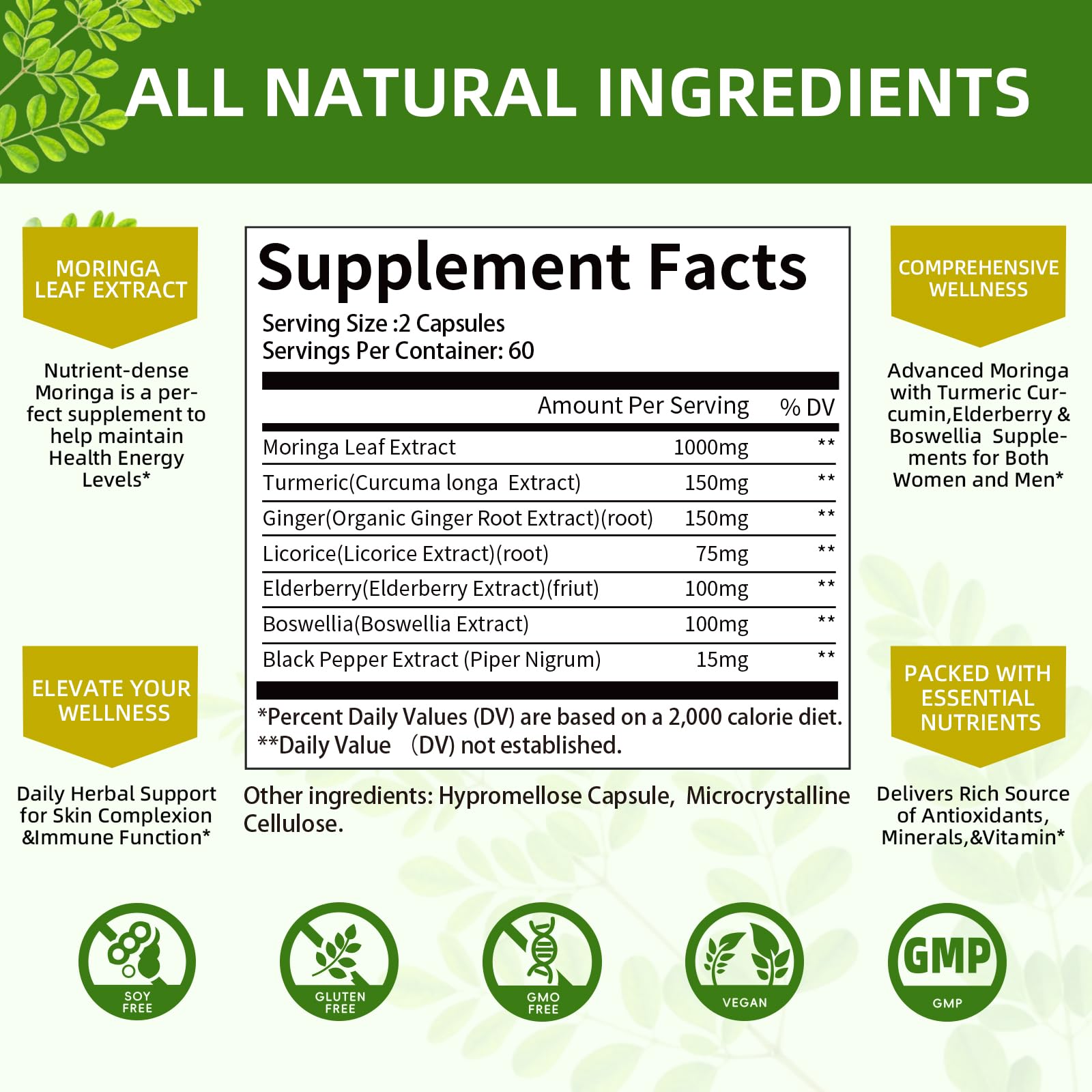 Close-up of Moringa capsules showing 7-in-1 formula
