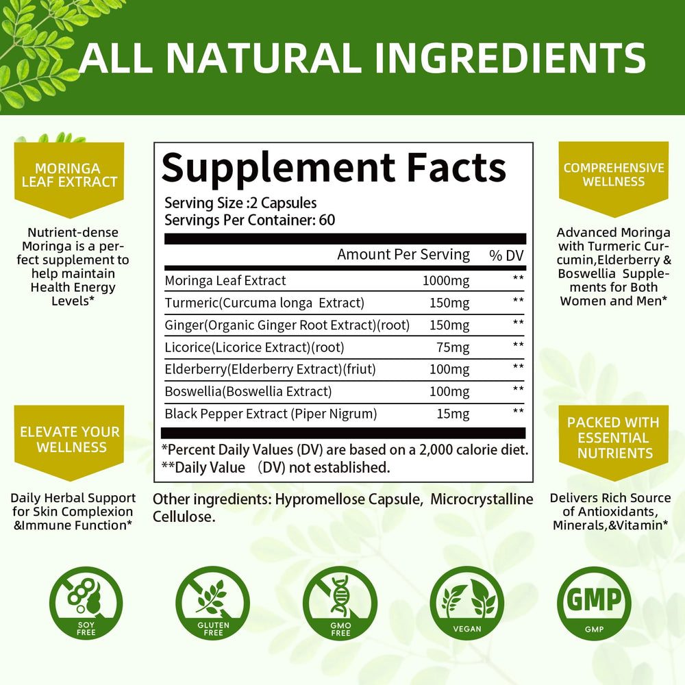 Close-up of Moringa capsules showing 7-in-1 formula