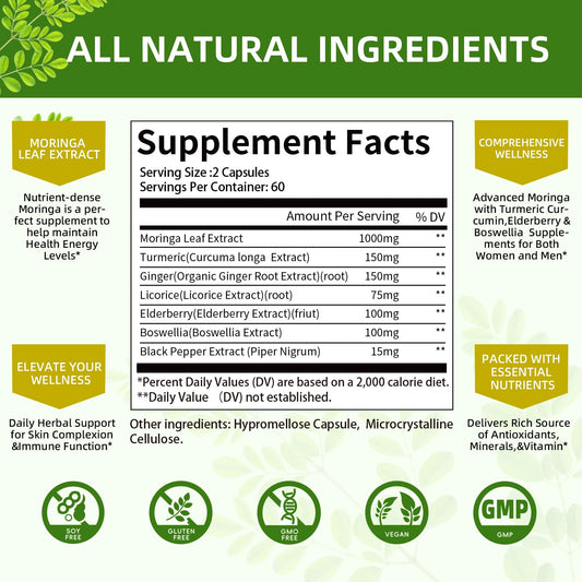 Close-up of Moringa capsules showing 7-in-1 formula