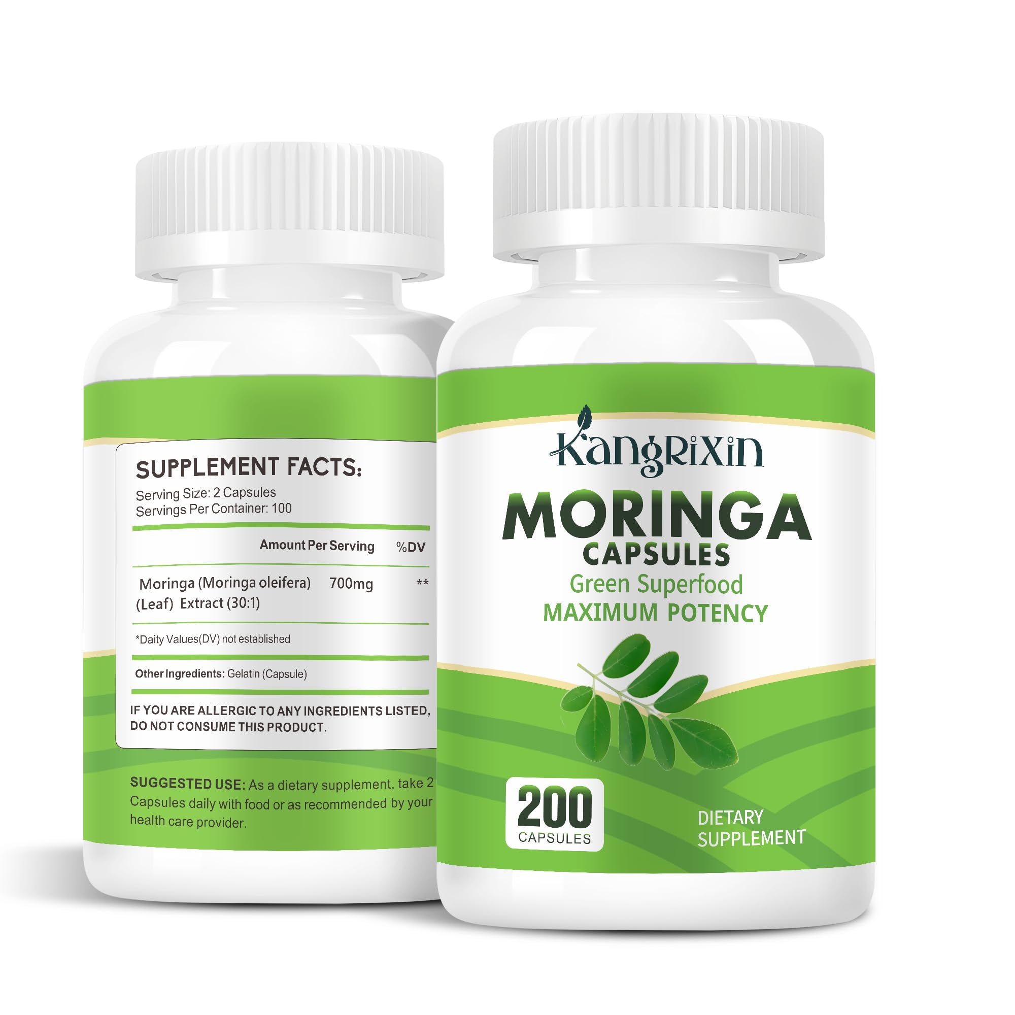 Bottle of Moringa Capsules 200 count on white background