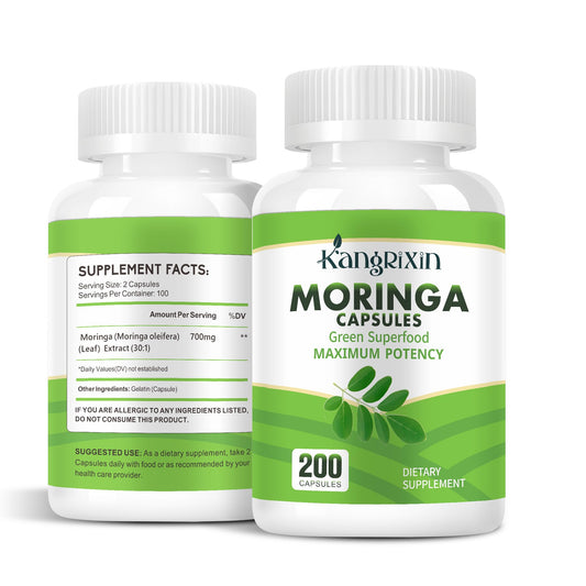 Bottle of Moringa Capsules 200 count on white background