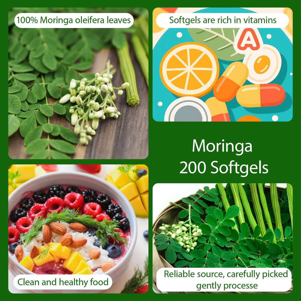 Close-up of Moringa powder and capsules