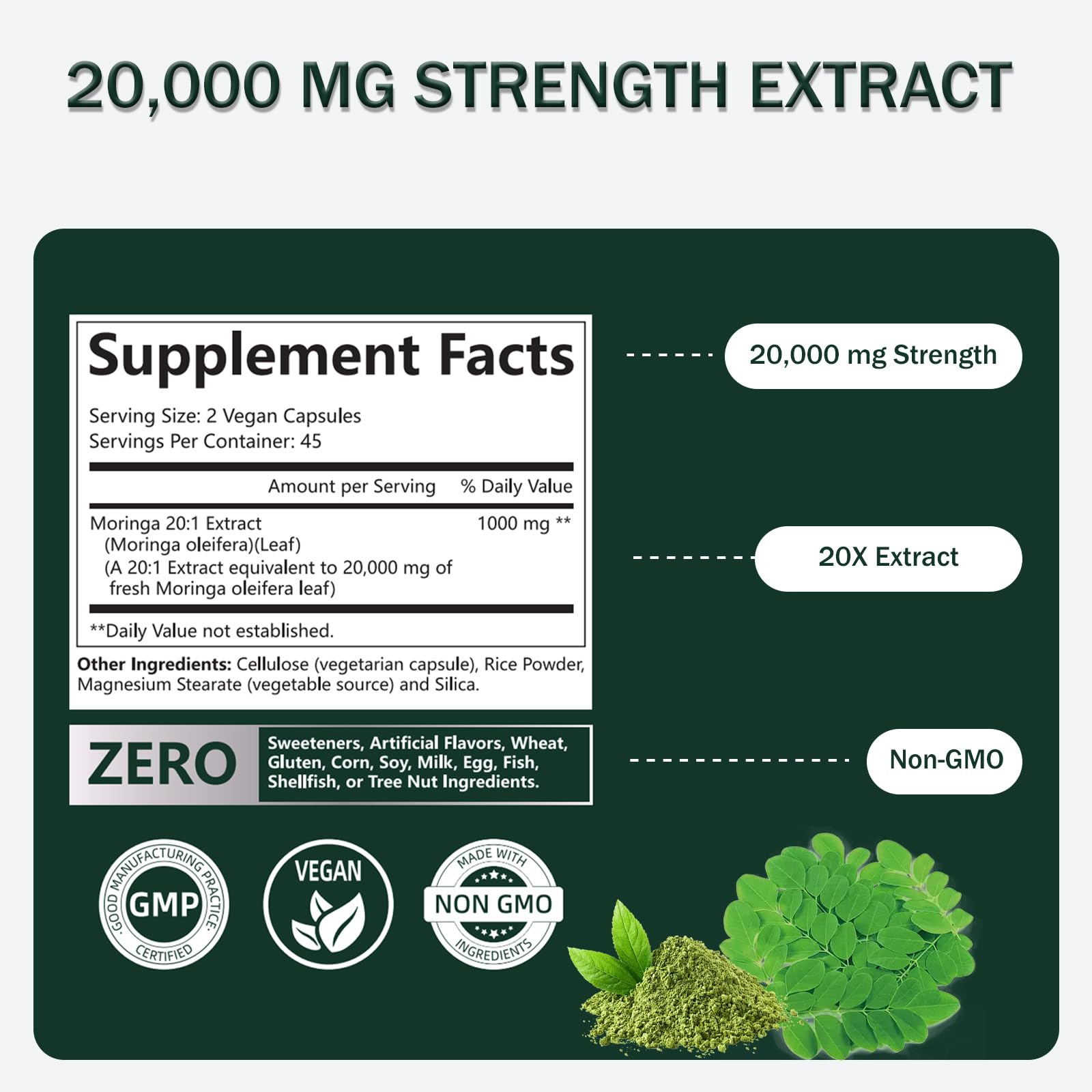 Close-up of Moringa 20:1 extract label on bottle