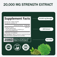 Close-up of Moringa 20:1 extract label on bottle