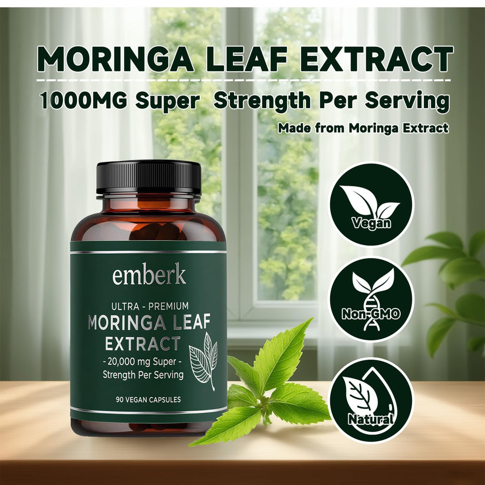 Vegan moringa capsules on neutral background
