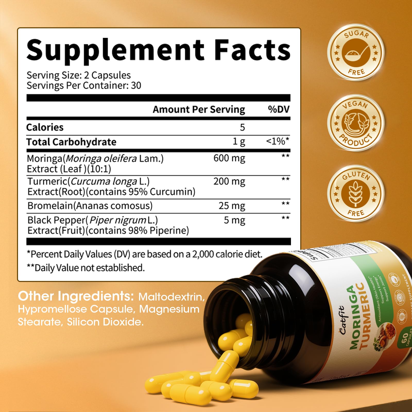 Close-up of Moringa extract, Turmeric Curcumin, Bromelain and Black Pepper ingredients