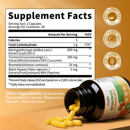 Close-up of Moringa extract, Turmeric Curcumin, Bromelain and Black Pepper ingredients