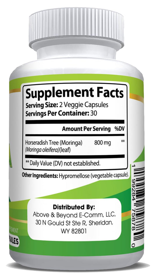 Close-up of Moringa powder capsules showing 800 mg per capsule