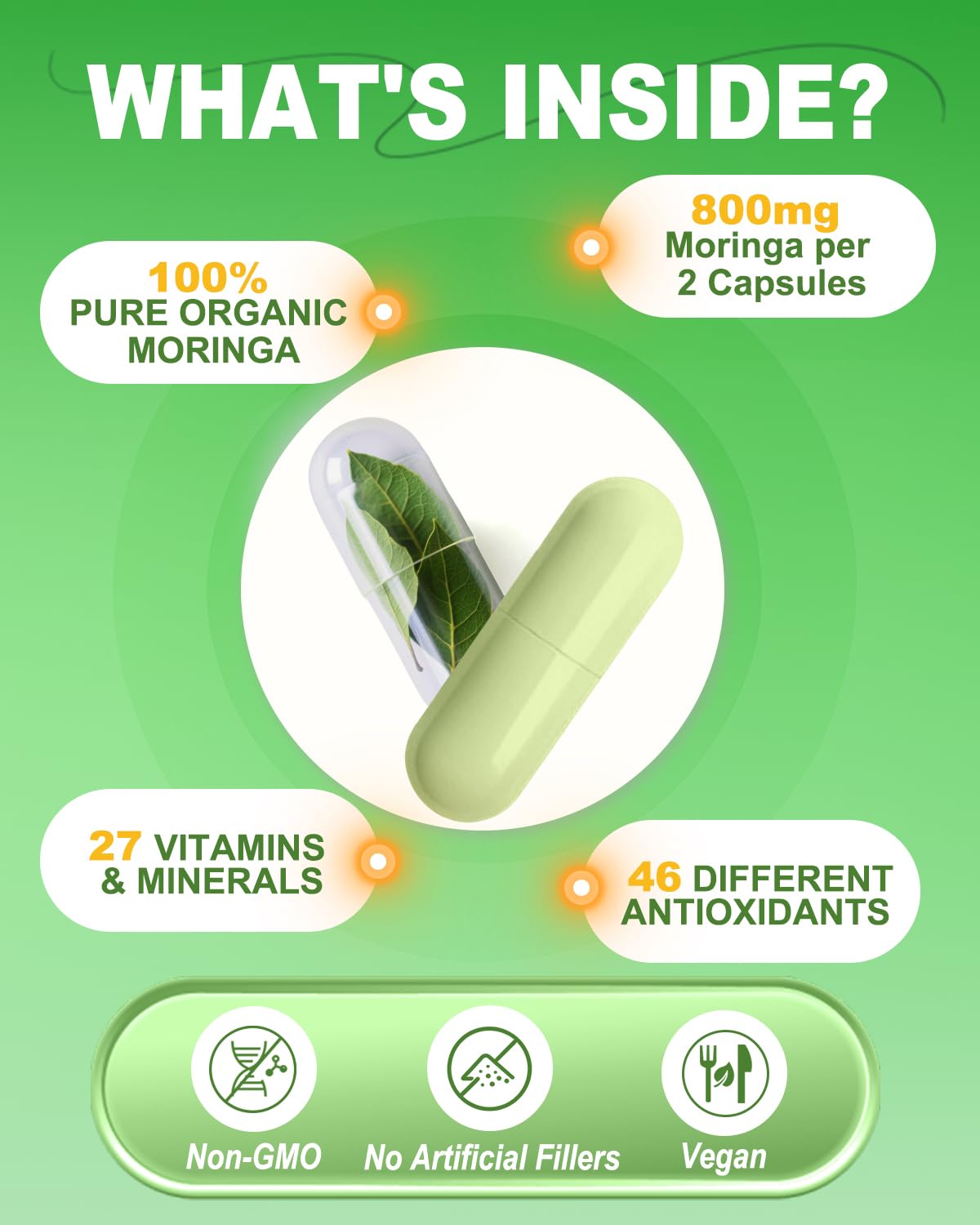Nutrition label highlighting 800mg moringa per serving