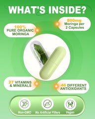 Nutrition label highlighting 800mg moringa per serving