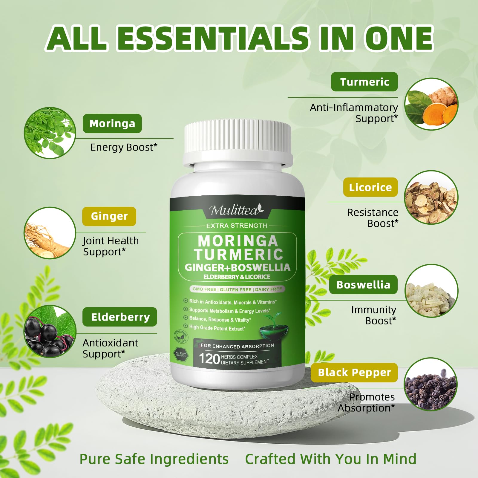 Ingredients panel listing Moringa, turmeric, ginger, elderberry and boswellia