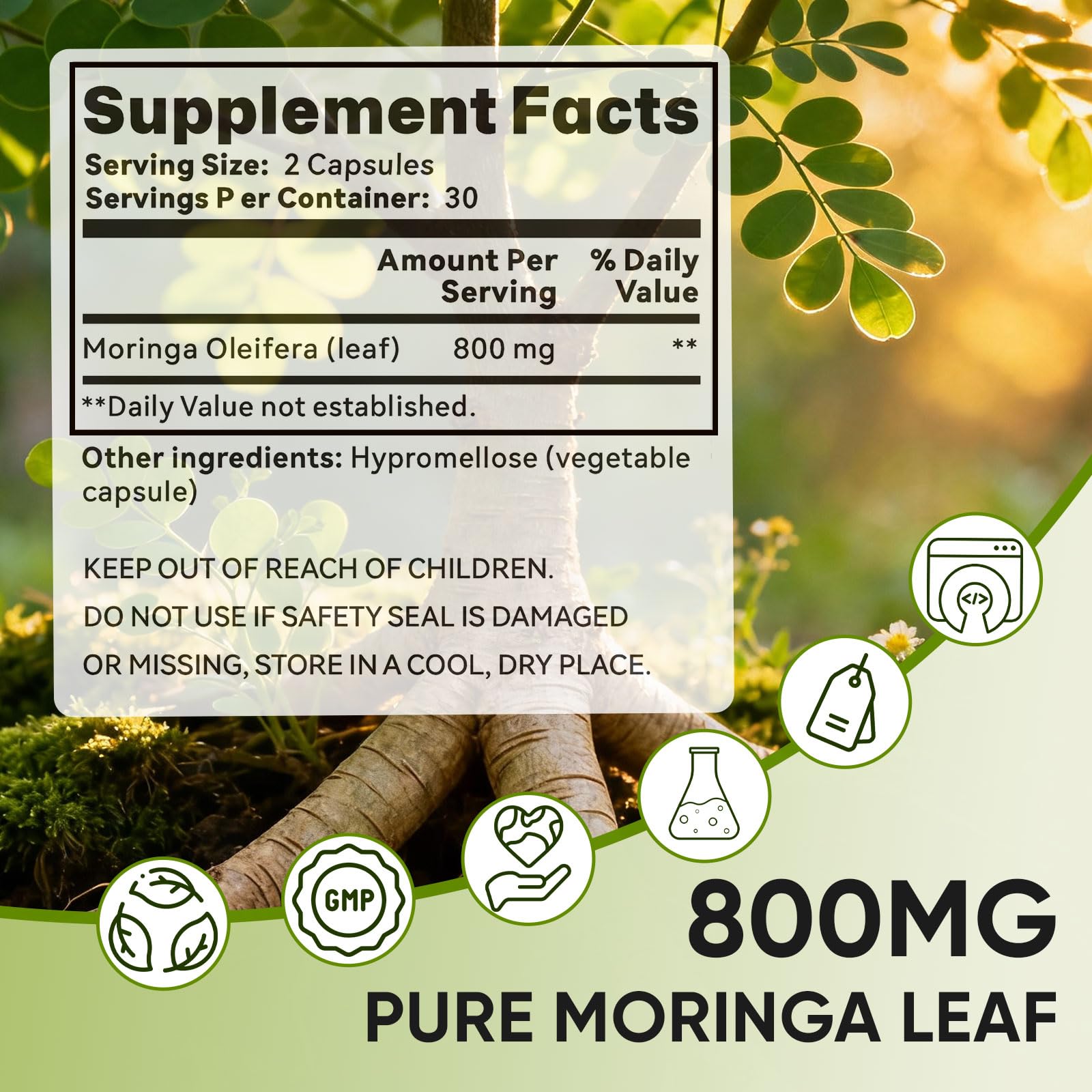 Moringa capsules showing iron, magnesium, B12 and vitamin C