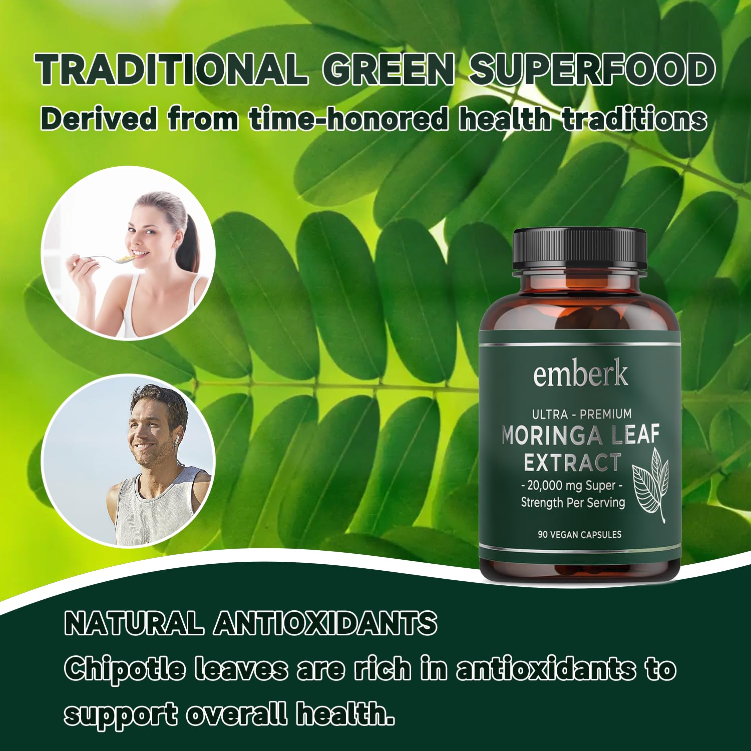 Serving scoop showing 1000 mg moringa leaf powder per serving