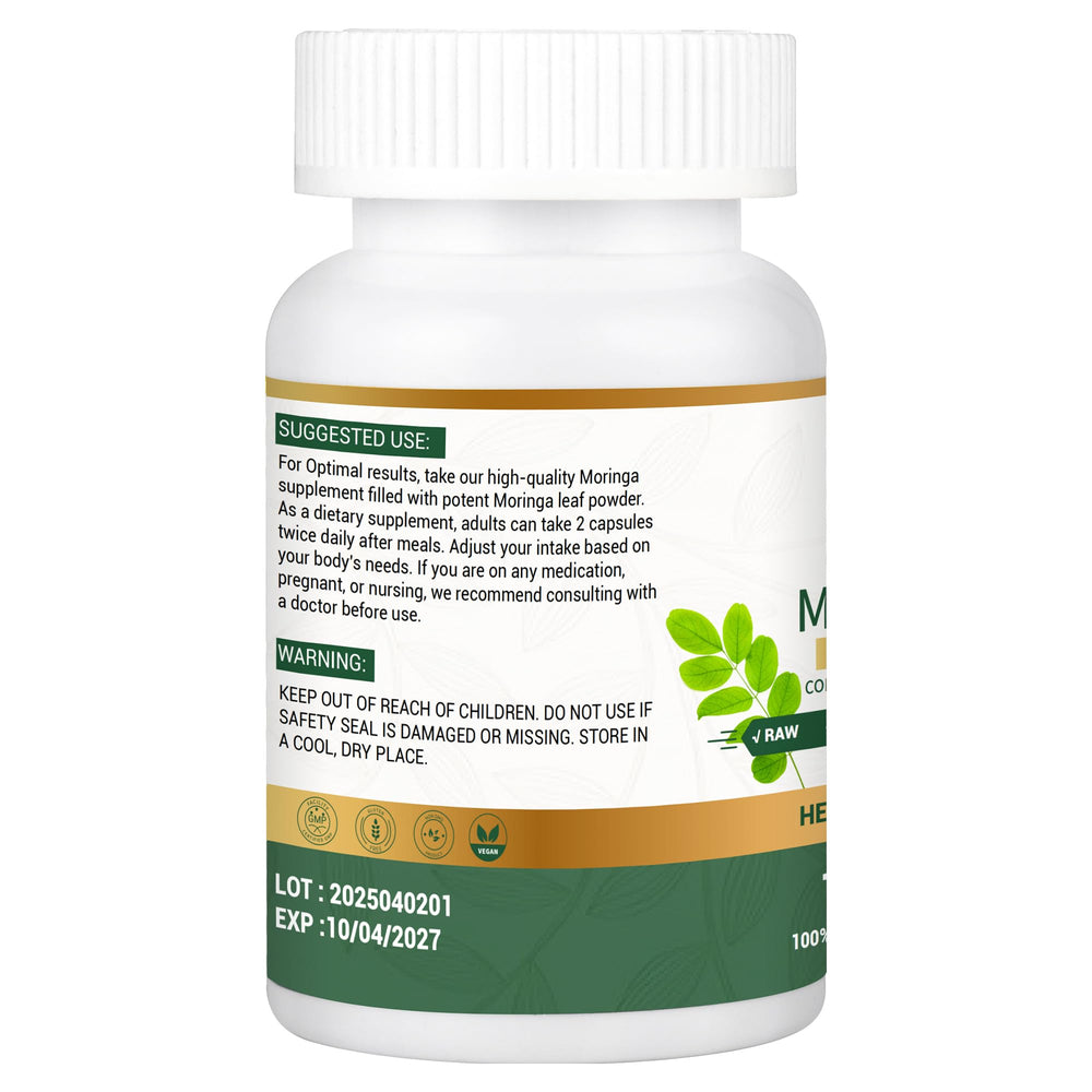 Non-GMO and gluten-free moringa capsules label