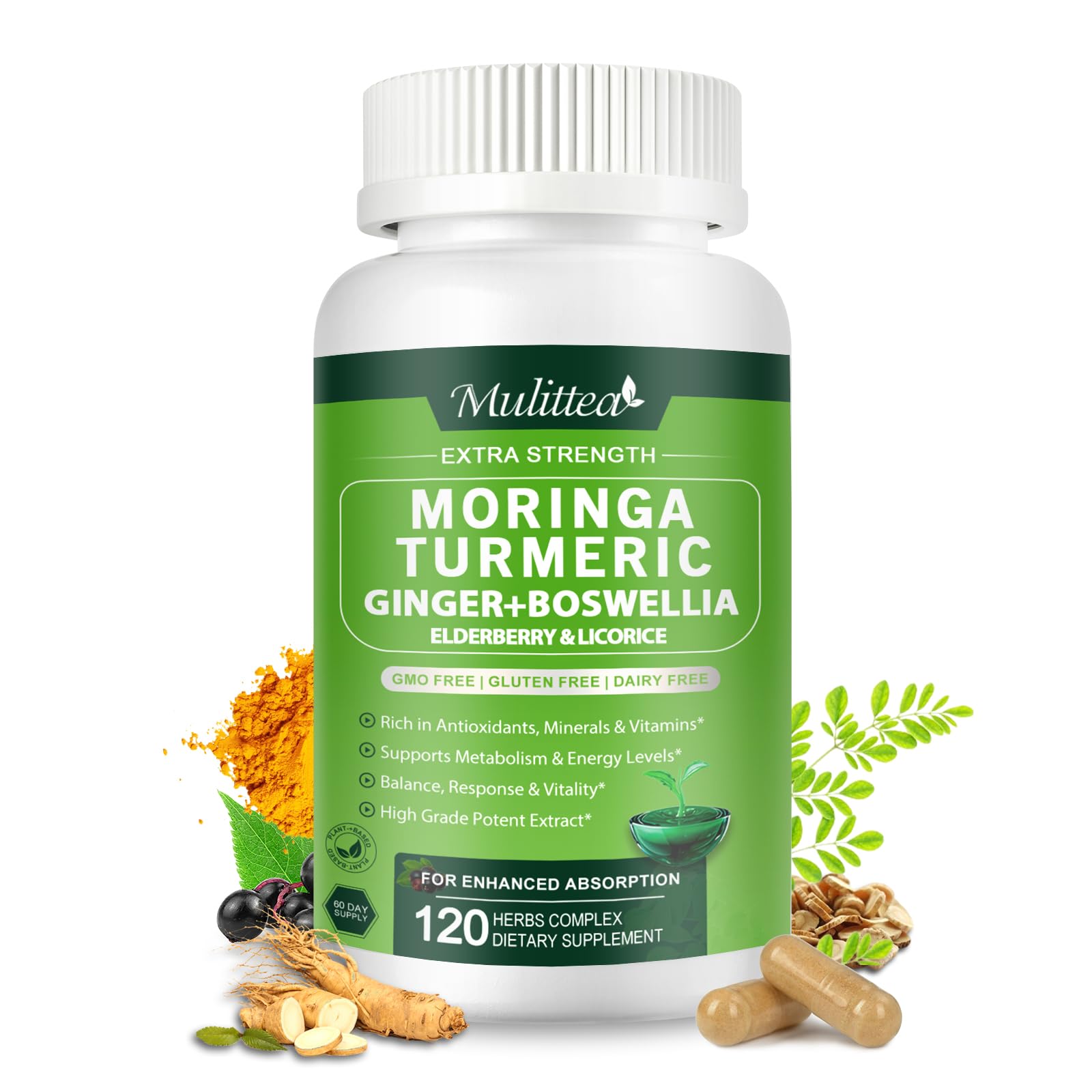 Organic Moringa Capsule 1000mg with Turmeric, Ginger and Elderberry