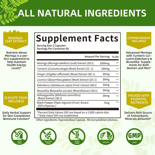 Moringa capsules blend with Turmeric, Ginger, Elderberry and Boswellia for immune support