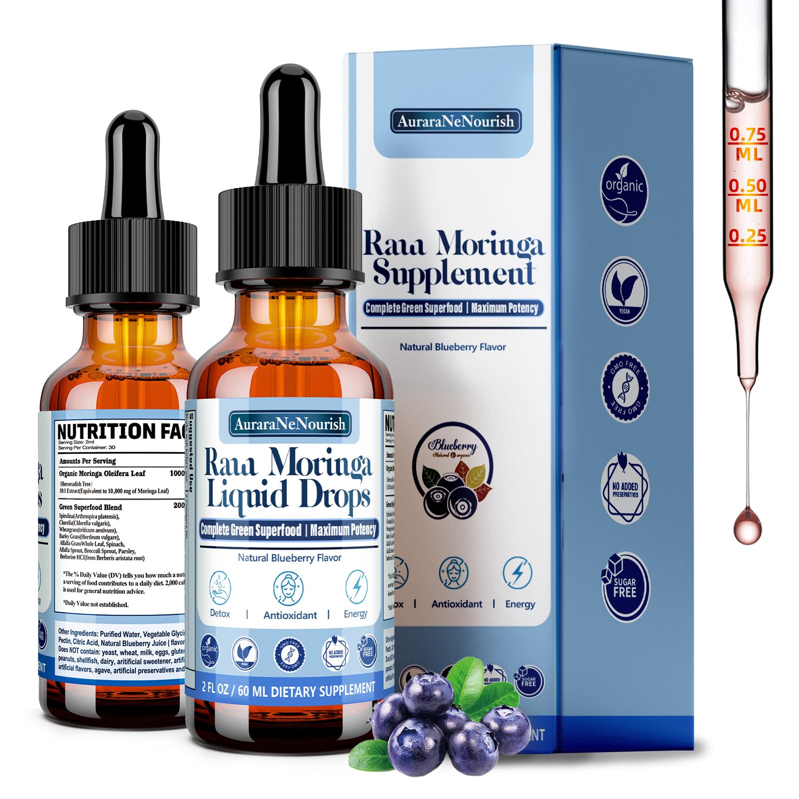 Two-pack bottle of Pure Moringa Organic Leaf Liquid Drops with Blueberry Flavor