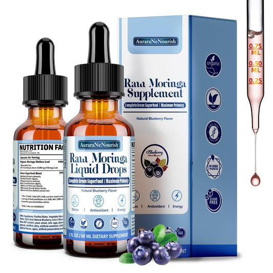 Two-pack bottle of Pure Moringa Organic Leaf Liquid Drops with Blueberry Flavor