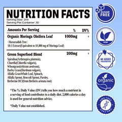 Green superfood blend featuring spirulina, barley grass and wheatgrass