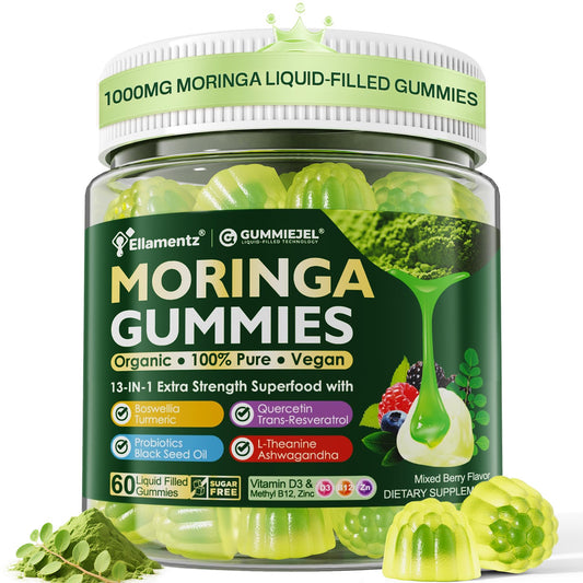 Moringa Gummies bottle with 60 chews on a white background